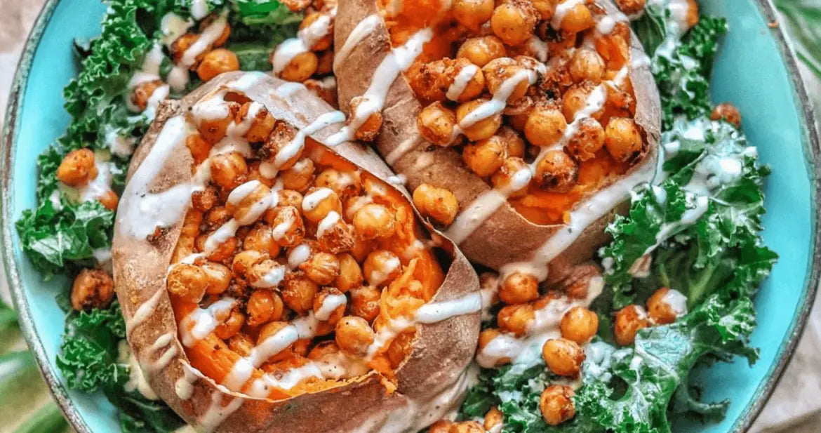 High Fibre Crispy Sweet Potatoes with Chickpeas & Tahini Yogurt - IV Nutrition